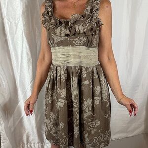 Burlapp Anthropologie Floral Ruffle Dress in Brown Size Large